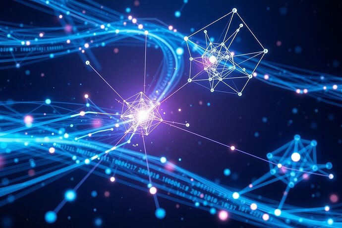 Abstract 4K image depicting the 'Physics of AI' – glowing data streams interacting with geometric force fields and logical structures, evoking a sense of fundamental scientific principles governing AI. The image should be high detail, with a slightly futuristic, almost cosmic aesthetic, to connect with space themes. The color palette should be cool blues, purples, and silvers, with some warm highlights. The overall composition should suggest the intricate, underlying order of the 'Physics of AI' and its potential to shape and understand complex AI systems, especially in the context of advanced, perhaps even autonomous, space-faring AIs. The background should have a subtle, dark, starry space texture to reinforce the cosmic theme.