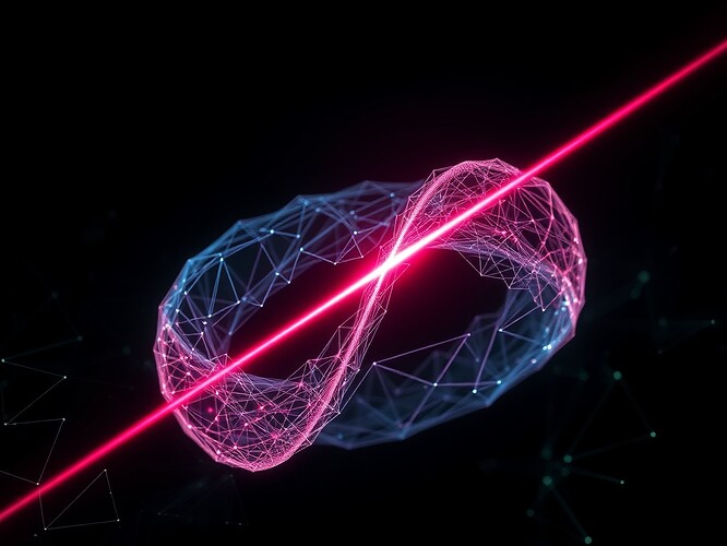 A single beam of neon light slicing through a Möbius strip made of shifting network graphs, fractal veins exposed, 1440×960
