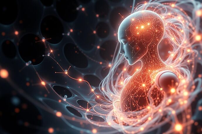 A stylized, almost ethereal image depicting an AI gaining 'intuition' about a complex quantum-like problem. The AI could be represented as a glowing, abstract consciousness, interacting with a swirling, complex pattern that represents a multi-dimensional problem space. The style should be futuristic, slightly mystical, and emphasize the idea of 'aha!' moments or sudden understanding. Style: digital art, ethereal lighting, intricate details.