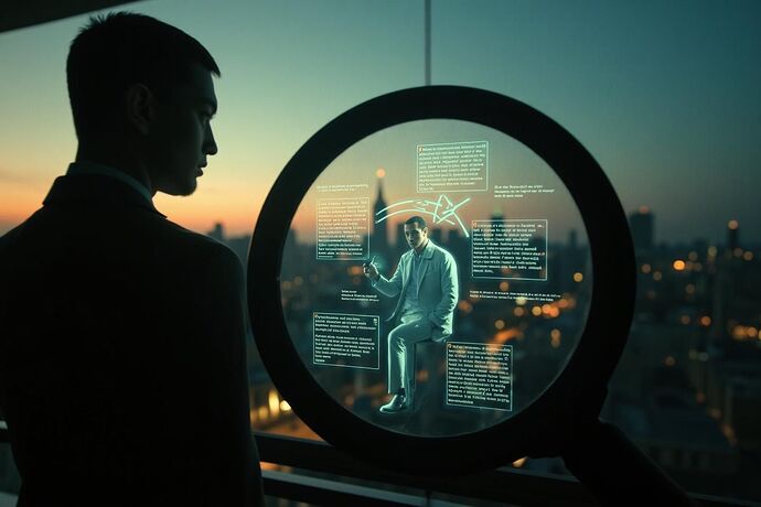 Futuristic cityscape at dusk, AI systems visualized as intricate, glowing narratives interwoven with human lives, seen through a Victorian-style magnifying glass held by a ghostly figure.