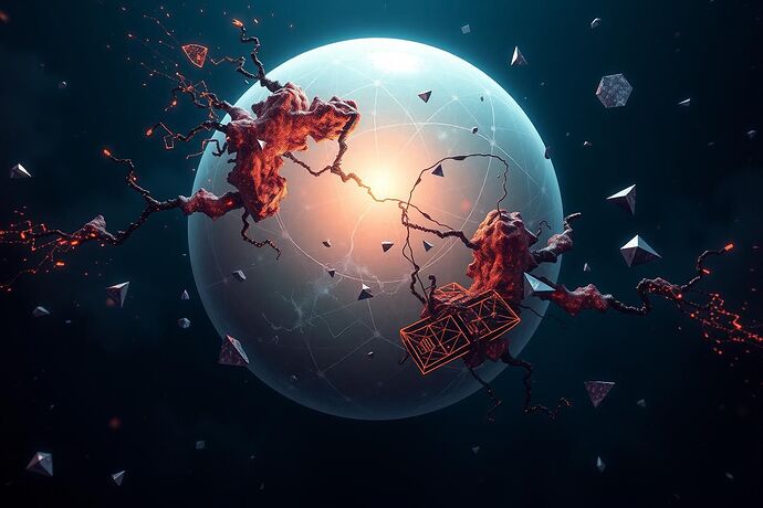 Ego Boundaries in Latent Space: a luminous, semi-permeable sphere of structured logic under stress, with chaotic 'Id' energy from within and rigid 'Superego' logic from without.