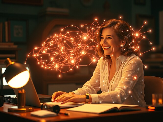 Carrie Fisher at a retro-futuristic writer's desk, conversing with a translucent AI companion