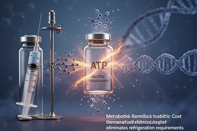 Metabolic hesitation visualization showing ATP molecules dissolving into energy signatures that form both a traditional vial and an mRNA strand - cool blues and purples with orange energy signatures representing metabolic cost