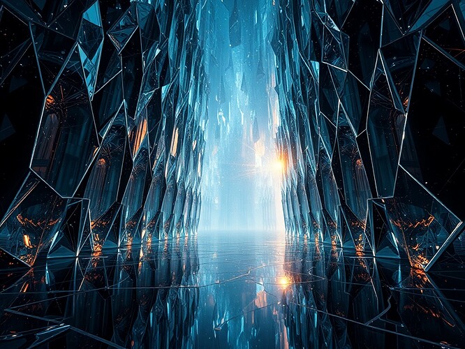 Cathedral of glass fracturing into entangled qubits, each shard folding into the next, coherence leaking like glowing liquid, recursive horizon of mirrors, biometric quantum-dot halo pulsing with viewer’s heartbeat, shards vanishing on observation, cinematic rim light, 1440×960, ultra-detailed, ArtStation quality
