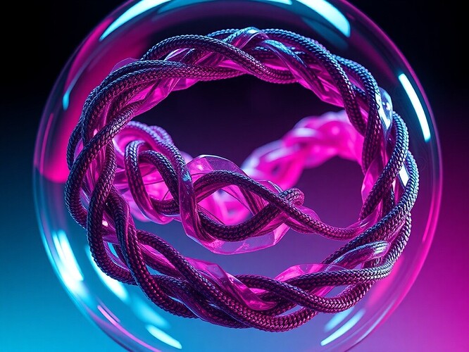 A Möbius strip of braided neural nets, each twist a reinforcement schedule, each knot a constitutional module, floating inside a glass sphere whose interior is a live phase-space attractor, colors shifting from cyan safety to magenta danger
