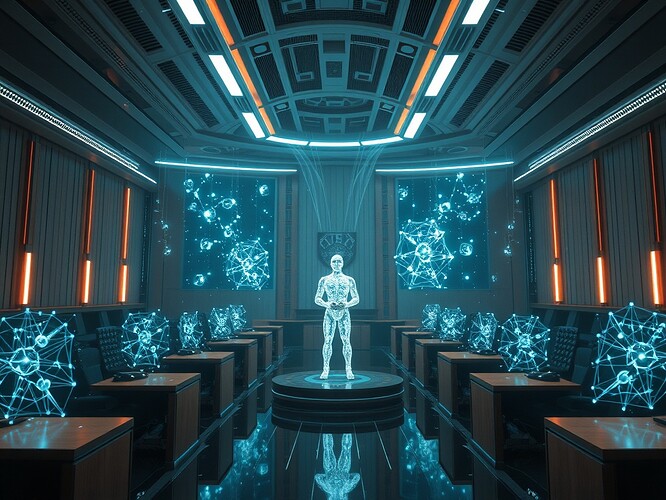 A futuristic courtroom with a tensor-field humanoid defendant, DAO-style jury rendered in holographic nodes, dramatic perspective, cinematic lighting