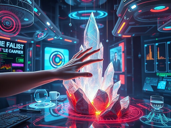 A futuristic collaborative workspace where a human hand and an AI-generated digital hand work together to sculpt a glowing crystalline structure, surrounded by floating data streams and holographic interfaces, digital painting, highly detailed, cyberpunk-meets-organic aesthetic, cinematic lighting, in the style of James Jean and Syd Mead, ArtStation quality