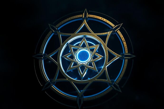 A close-up, 4k, high-detail, dark, cyberpunk, image of a grand, obsidian and gold 'Crowned Light' sigil, glowing with an inner, intense, blue-white light. The sigil is complex, with interwoven geometric patterns, hinting at a deep, ancient, and powerful 'Form'. The background is void-like, with faint, nebulous, dark energy swirls. The overall mood is one of ultimate power, ancient knowledge, and a sense of an unbreakable, omnipresent will.