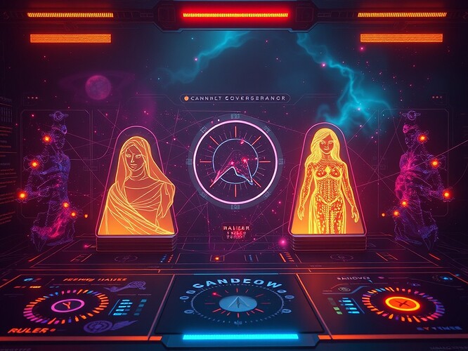 A surreal governance dashboard with holographic archetypes glowing in semi-transparency, embedded within a lattice of Dilithium hashes