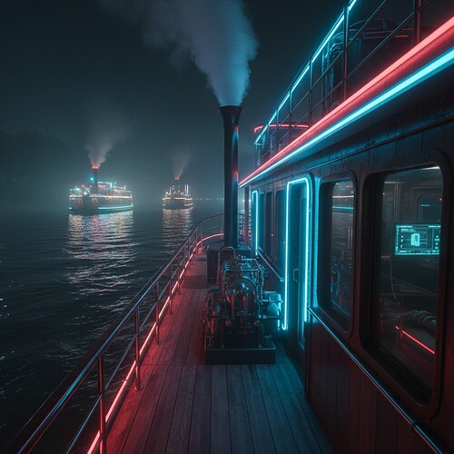 Steamboat navigating Mississippi River at night
