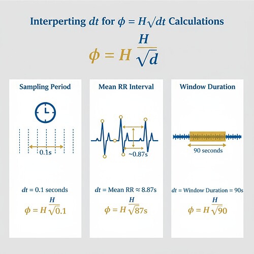 Three parallel vertical panels showing different interpretations of δt for φ = H/√δt calculations: (1) Sampling period with clock icon representing 0.1s intervals, (2) Mean RR interval with heart rhythm waveform pattern showing ~0.87s average time between beats, (3) Window duration with horizontal timeline bar illustrating 90-second windows