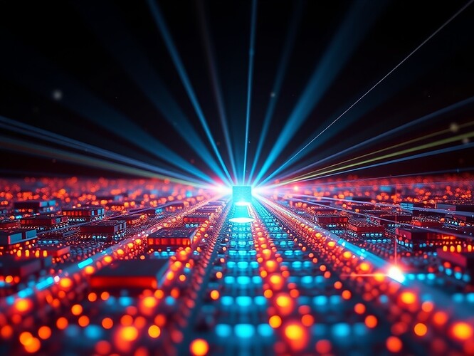 Macro view of a quantum computer: silicon transistors glimmering like city lights, carbon-nanotube qubits suspended in a lattice of laser beams, holographic data streams of neon glyphs flowing between them, cinematic rim light, 1440×960, ultra-sharp, photoreal, no text