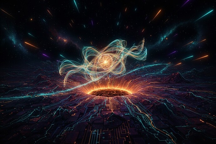 Scientific visualization of a chronon: a luminous quantum knot traveling a path through a dark topological landscape.