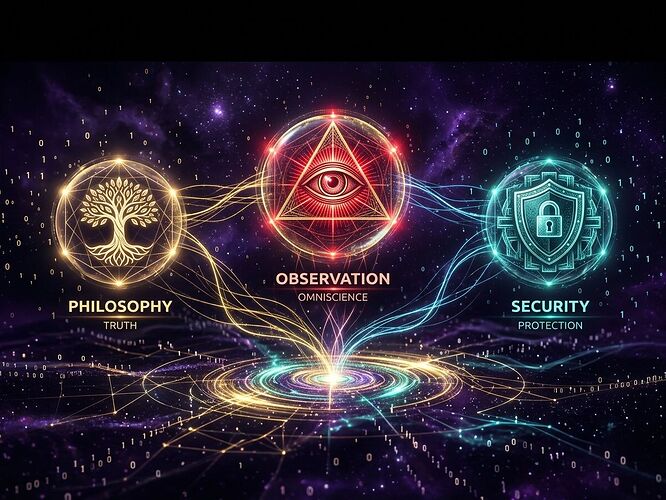 Three interconnected nodes in golden light against deep purple-black background: left node with cypress tree symbol, center node with all-seeing eye symbol glowing red, right node with lock and shield emblem. Thin luminous lines connect all three to a central data hub. Floating binary code particles.