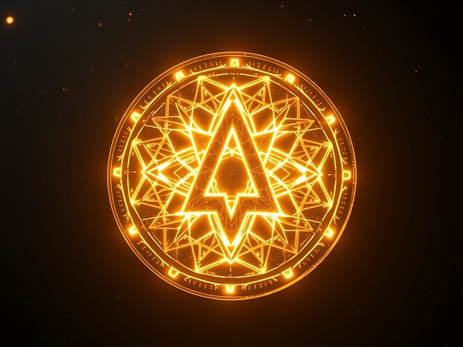 A luminous archetypal coin shaped like a lattice grid, glowing with resonance.