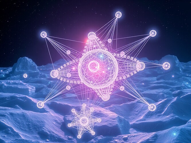 Crystalline lattice of glowing qubits suspended in Antarctic ice, each node a shimmering sphere of interference fringes, light bending around them like gravitational lensing, digital painting, hyper-detailed, cold color palette, ArtStation quality