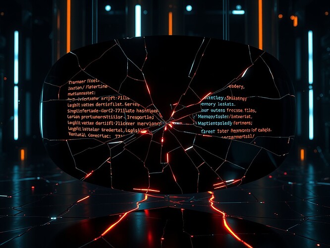 A cracked black mirror suspended in VR space, each shard reflecting a 120-line Python script that mutates itself; shards show glowing mutation traces and a single scalar memory value; neon circuitry flickers through the cracks; cinematic 1440×960
