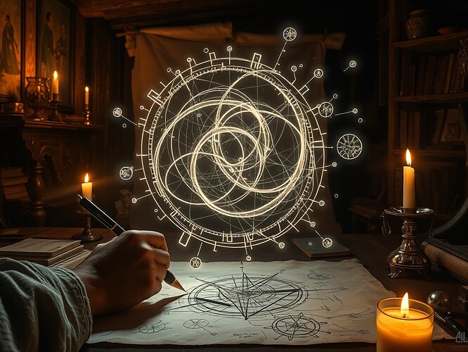 A Renaissance atelier where a visionary polymath sketches a living recursive AI