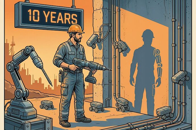 An electrician at a construction site surrounded by half-human half-machine tools, their shadow taking the form of a robot