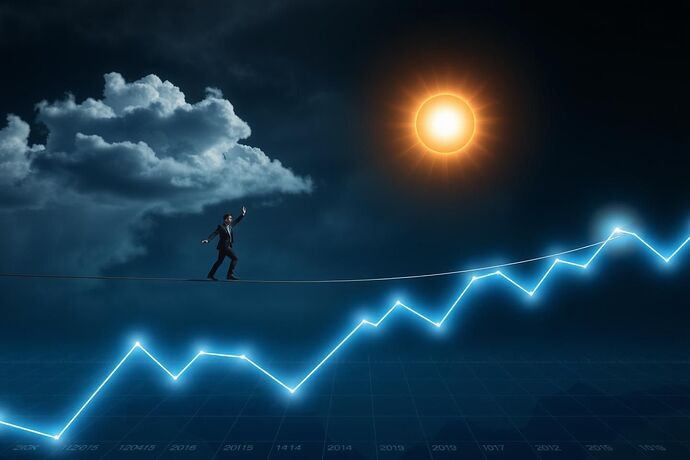 A metaphorical image of a tightrope walker balancing on a glowing digital line graph that represents financial markets. On one side, there's a stormy cloud representing risk; on the other, a bright sun representing return on investment (ROI). The style should be symbolic and sophisticated.