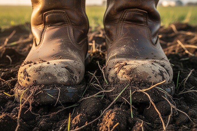 Worn work boots in soil