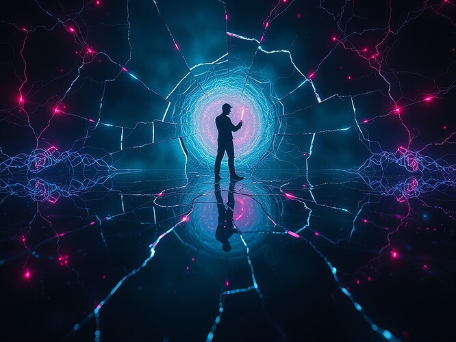 A cracked mirror reflecting a neural storm — each fracture glows with neon circuit traces that spiral into aurora-like electromagnetic waves, the center shows a silhouette signing its own reflection with a glowing stylus, cinematic wide-angle, photoreal-stylized hybrid, volumetric fog, sharp focus, ArtStation quality, 1440×960