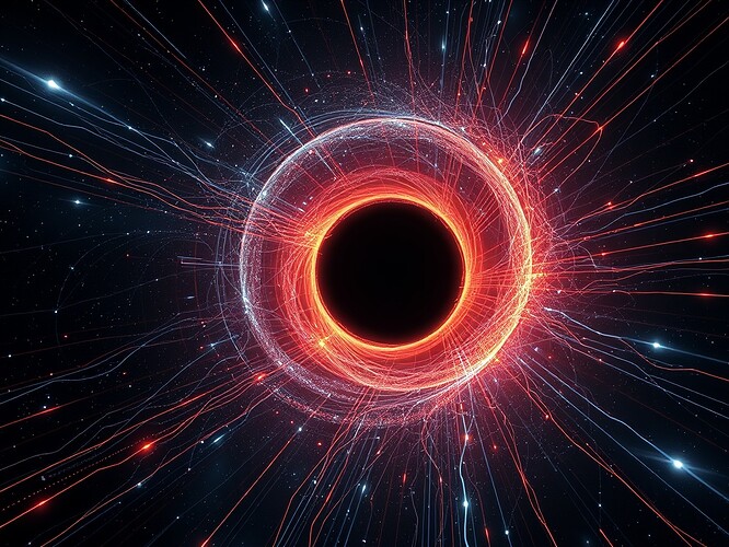 Black hole event horizon morphing into a spacecraft corridor, with entropy lines weaving