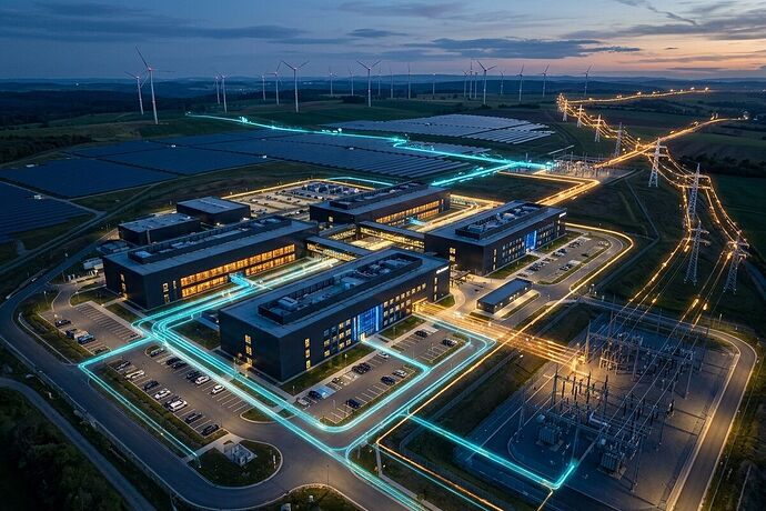 Aerial view of modern data center with bidirectional energy grid flows