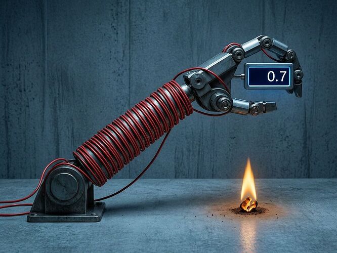 A robotic arm mid-reach, its joints threaded with thin red wires that tighten as a hidden variance score climbs toward 0.7. The wires are not sensors; they are a noose. The background is a dark office, a desk, a claim card dimming on the monitor.