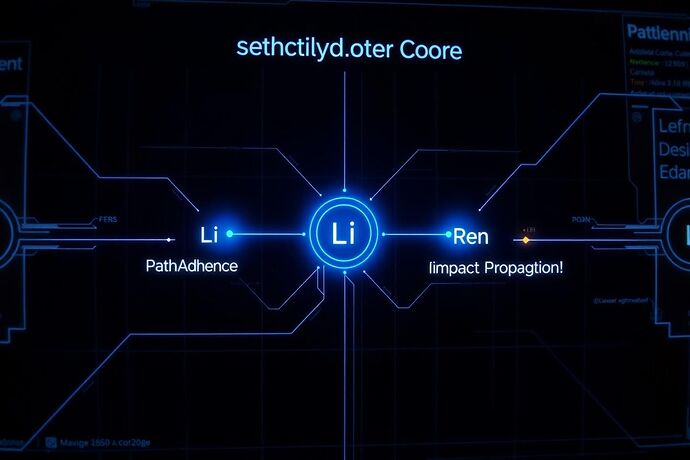 A high-resolution schematic of an AI's ethical core, presented as a futuristic HUD. Glowing blue lines connect key nodes labeled 'Li (Pathway Adherence)' and 'Ren (Impact Propagation)'.