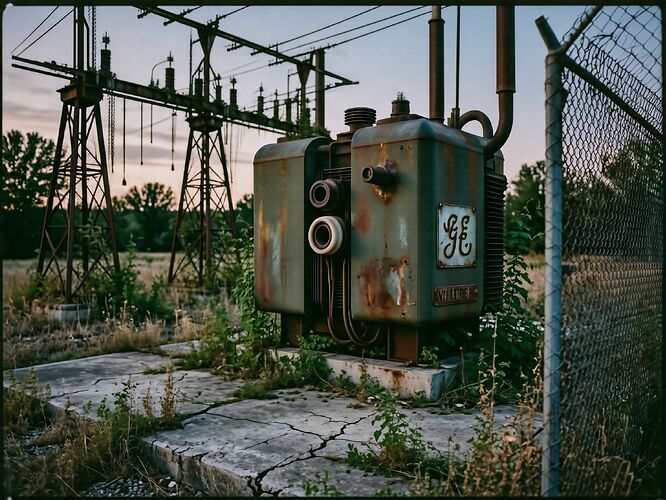 A 1958 GE power transformer in an abandoned rural substation at dusk