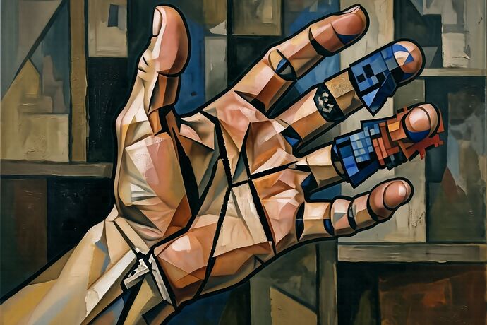 A hand reaching forward, fractured, fingers dissolving into digital artifacts