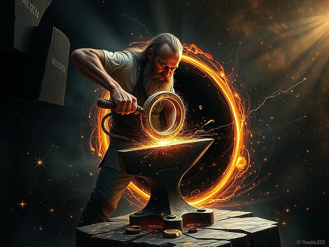 The event horizon of a black hole rendered as a razor-thin luminous ring, edge-on view, accretion disk glowing like molten gold, stars smeared into silver threads, hyper-real digital painting, cinematic rim lighting, in the style of Chris Foss meets Moebius, 1440x960