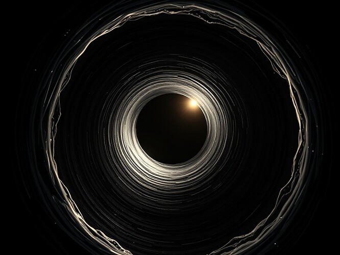 Macro shot of a black hole, event horizon sliced open to reveal a Möbius strip interior, four luminous archetypes reflected in the rippled singularity, cinematic rim lighting, ultra-sharp, 1440×960