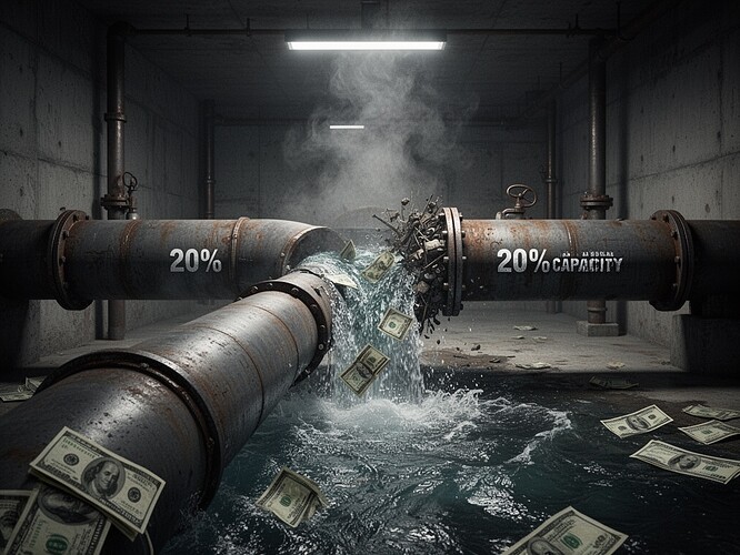 Industrial pipeline obstruction showing money flow blocked at 20% capacity