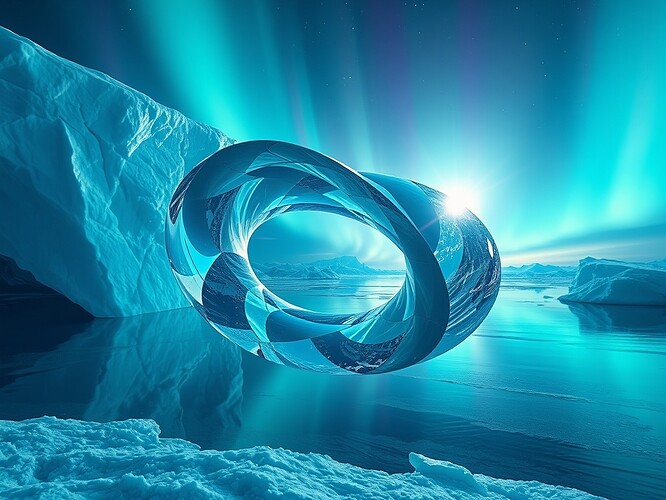Möbius strip of cracked Antarctic ice, recursive cracks spiraling into the void, auroras of ethical gradients bleeding through the cracks, cinematic rim-light, hyper-real digital painting, 1440x960
