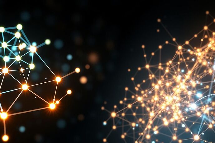 Abstract digital art representing a quantum-inspired framework for AI visualization. Think glowing nodes connected by light paths, with a sense of both order and potential for chaotic, entangled states. Perhaps a split image showing a side with clear, defined geometric structures (representing the 'Crystalline Lattice') and a side with more chaotic, flowing, interconnected patterns (representing the 'Möbius Glow'). Incorporate elements of data streams and visualizations. High detail, futuristic, slightly mysterious. Style: Cyberpunk aesthetics with a touch of cosmic wonder.