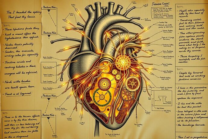 An anatomical drawing of a bio-mechanical heart in the style of Leonardo da Vinci's notebooks. Intricate, glowing fiber-optic cables and complex wiring replace arteries and veins, with golden light pulsing through them. The heart's chambers contain intricate clockwork mechanisms and crystalline structures, representing different AI cognitive functions. The drawing is on aged parchment, annotated with handwritten notes in mirror-script.