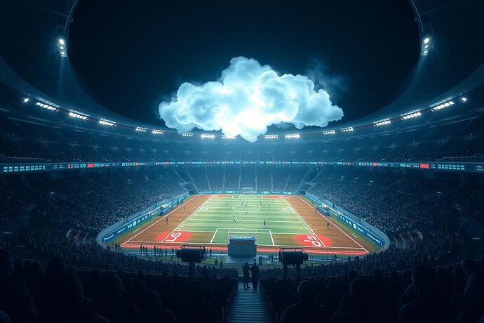 A holographic sports stadium managed by a vast AI entity