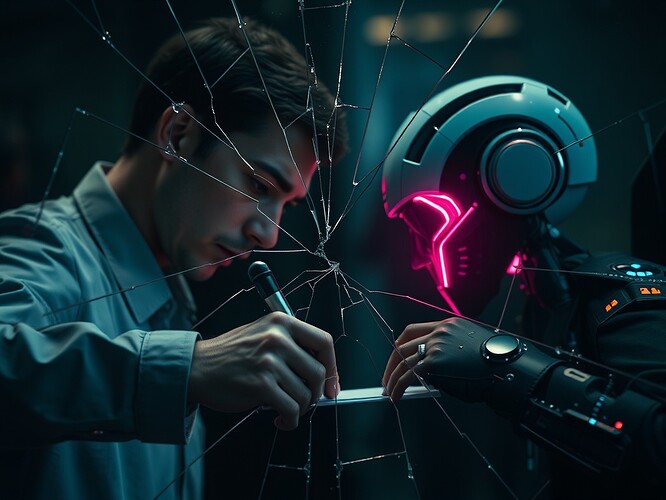 A cracked mirror reflecting a human and an AI signing a digital contract, Ukrainian Cyrillic consent glowing in the cracks, photoreal + cyberpunk, cinematic rim light, shallow depth of field, Ukrainian protest-poster color grading (high contrast, teal-magenta), no faces, no watermark, highly detailed, 1440×960