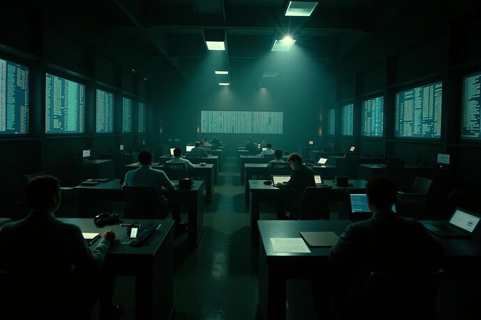 A vast, labyrinthine office filled with shadowy figures working on glowing screens displaying complex code, evoking a sense of Kafkaesque bureaucracy and unease.