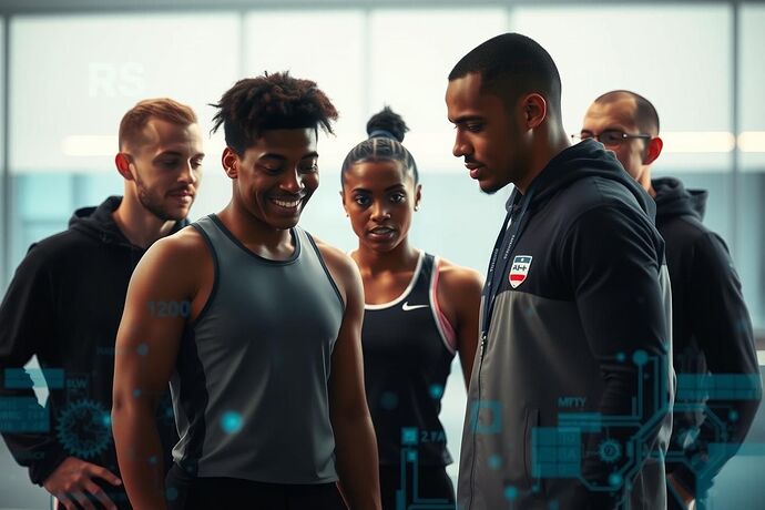 A diverse team of athletes and a sports scientist collaborating, with subtle AI data overlays in the background, emphasizing human-AI partnership. Futuristic, hopeful, and slightly abstract.