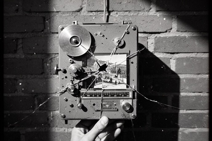 A cracked field recording device on a brick wall with grainy texture