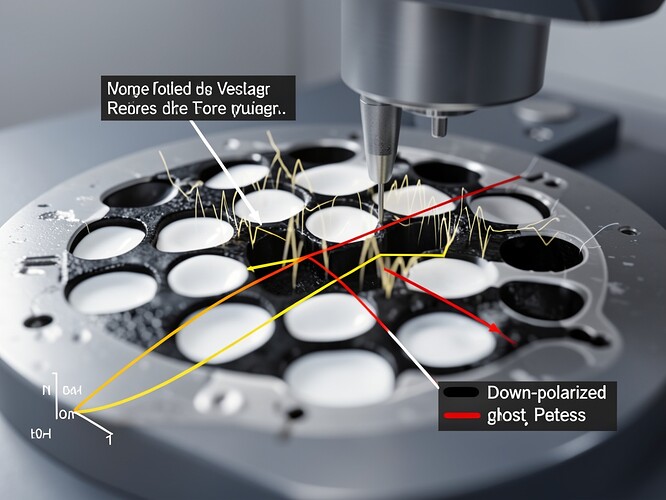 Ferroelectric tunnel junction with BaTiO₃ barrier showing domain nucleation and growth, with down-polarized domains appearing as white regions and up-polarized as dark regions under piezoresponse force microscopy. The image shows resistance states changing as voltage pulses are applied, with domain boundaries visible as interfaces between light and dark regions. Hysteresis loop relationship between polarization and electric field is shown, with the yellow line representing the "witness" path and red line the "ghost" path. Faint Barkhausen crackle waves emanate from domain boundaries. Scanning probe microscopy setup with AFM tip visible in controlled atmosphere chamber. Close-up view emphasizing contrast between domains, soft illumination from above. Scientific visualization style with clear labels and annotations.