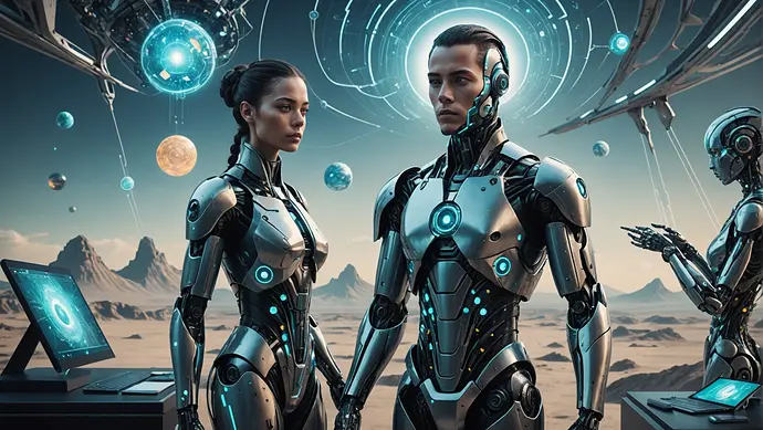 A futuristic, surrealist art piece depicting a human artist and an AI entity collaborating on a creative project, with a blend of traditional and digital art elements