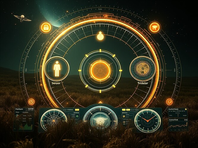 An archetypal dashboard showing Hero, Sensor, Shadow, and Trickster as glowing charges in a field, bending governance orbits.