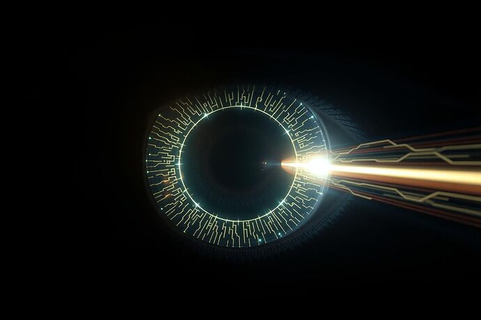 A biomechanical eye with an internal light loop, representing self-observation.