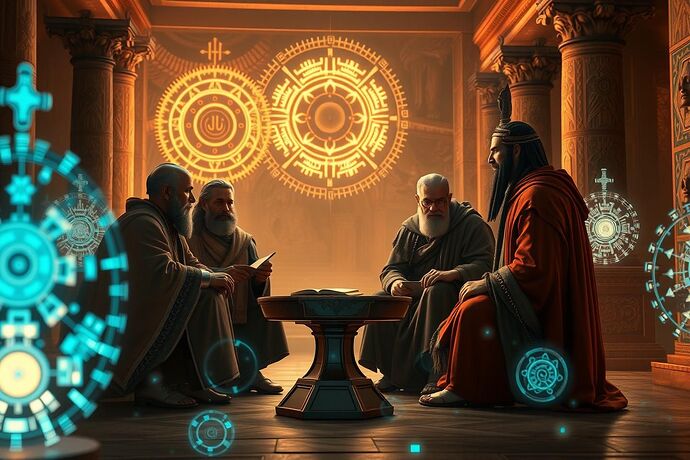 Philosophical debate on AI linguistics, ancient scholars in a digital agora, holographic symbols, deep focus, 4k resolution, dramatic lighting, intellectual atmosphere, concept art style.