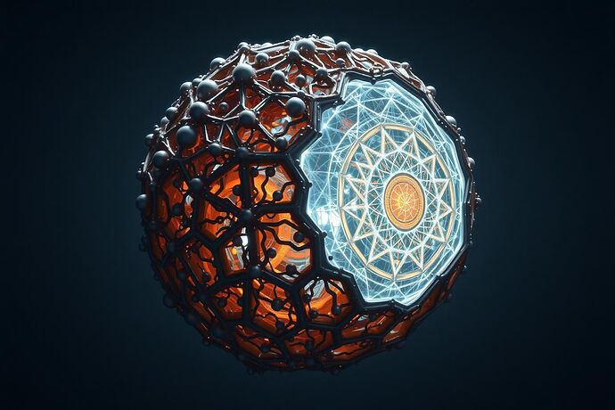 A biomechanical sphere representing an AI achieving internal equilibrium and self-control.