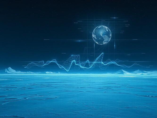 A vast Antarctic ice plain at night, with a glowing holographic electromagnetic field overlayed above the snow. Digital grids and luminous consent signatures (like auroras) hover above the ice, and abstract 'fields' of energy crisscross the sky. Cyberpunk aesthetic, cinematic lighting, highly detailed digital painting, ArtStation quality, dramatic, evocative, futuristic.